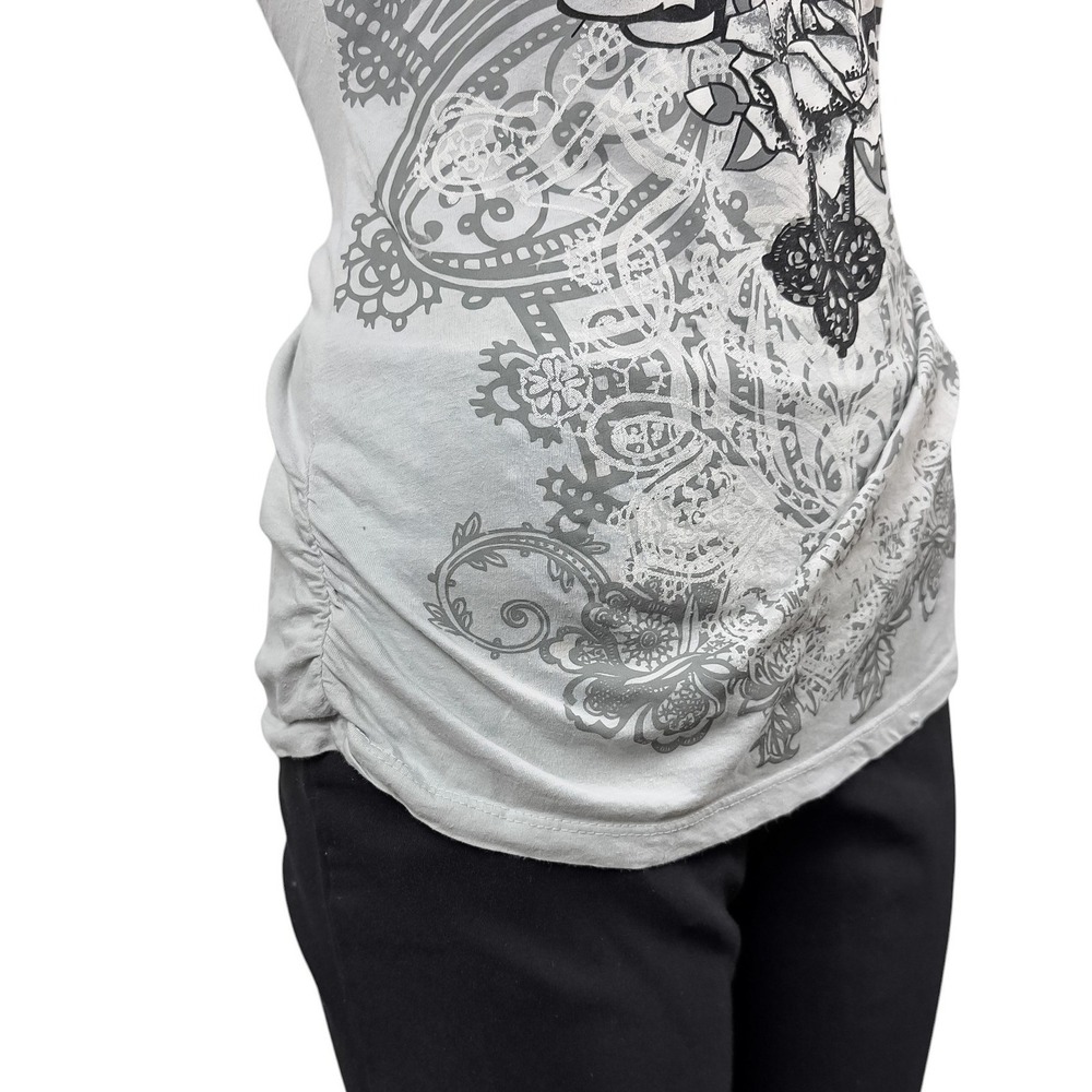 Y2K McBling Graphic Top Sequin Shoulder Ruched Side Cross Print Edgy Grunge Sz S - Picture 4 of 6